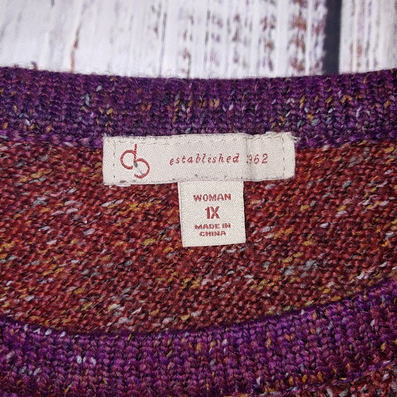 Asymmetrical Sweater, 3/4 sleeves, reddish orange, purple, green , 1X - Picture 3 of 11